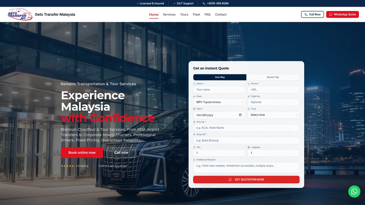 Laman web Gets Transfer dibina oleh Nibong Web Studio