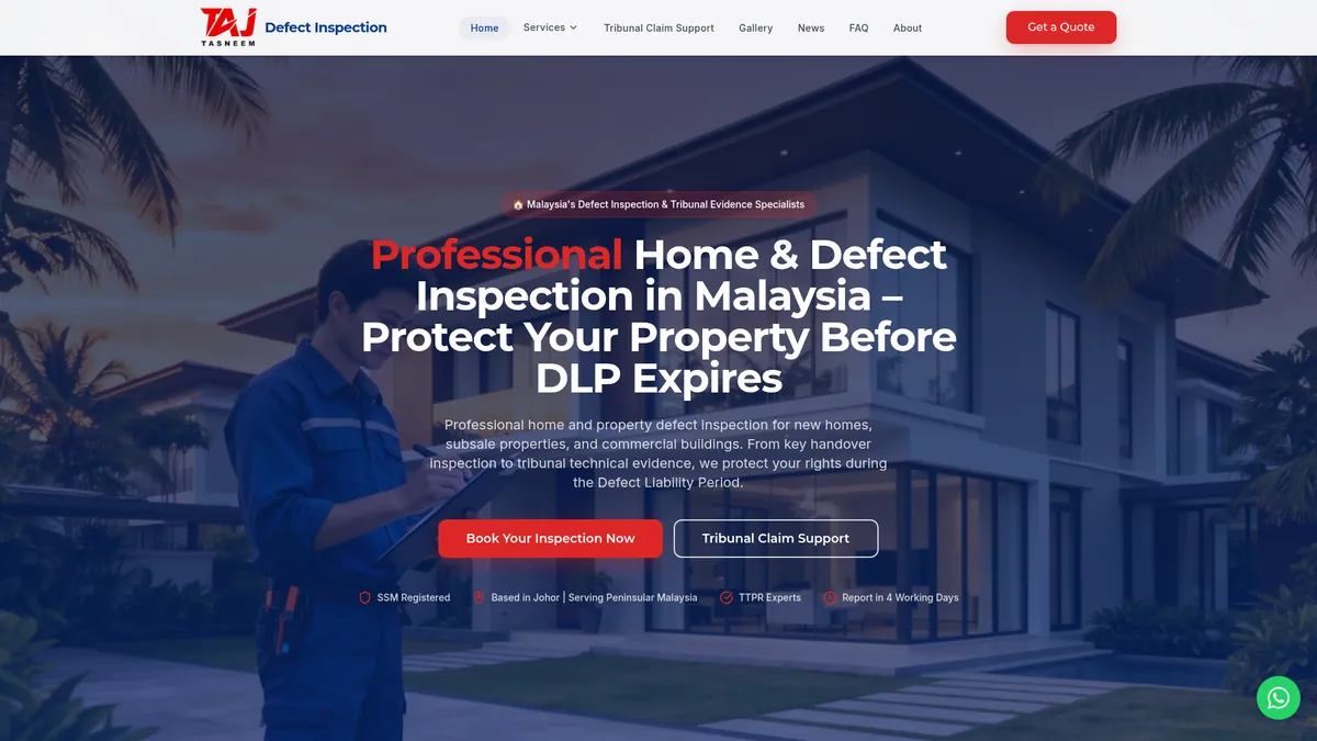 Laman web TAJ Defect Inspection dibina oleh Nibong Web Studio